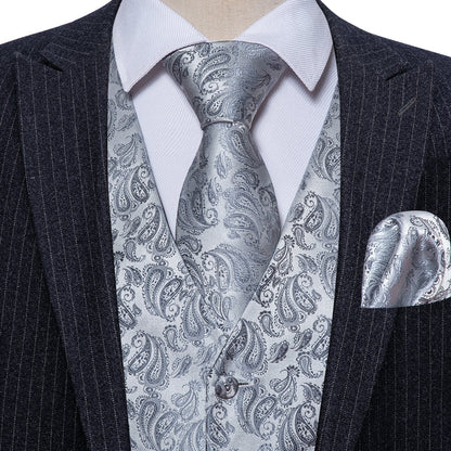 Silver Grey Paisley Jacquard Silk Vest Set vest set    - Sophisticated Gentlemen