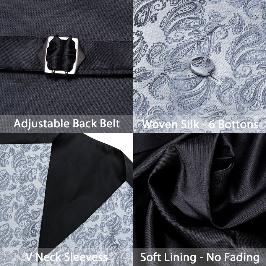 Silver Grey Paisley Jacquard Silk Vest Set vest set    - Sophisticated Gentlemen