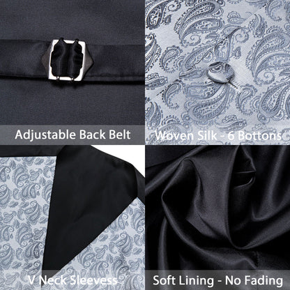 Silver Grey Paisley Jacquard Silk Vest Set vest set    - Sophisticated Gentlemen