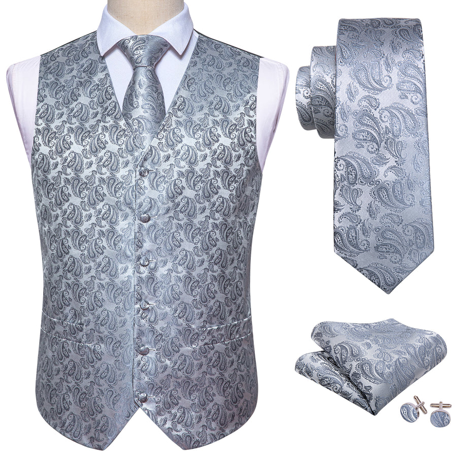 Silver Grey Paisley Jacquard Silk Vest Set vest set    - Sophisticated Gentlemen