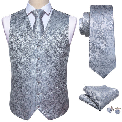 Silver Grey Paisley Jacquard Silk Vest Set vest set    - Sophisticated Gentlemen