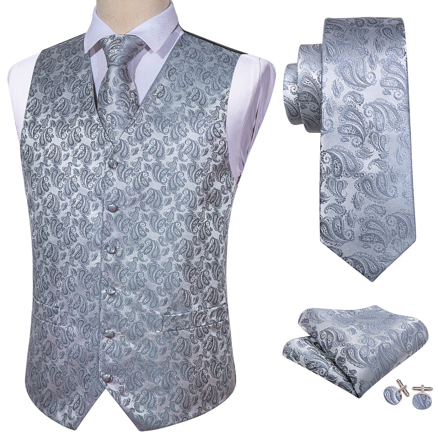 Silver Grey Paisley Jacquard Silk Vest Set vest set    - Sophisticated Gentlemen