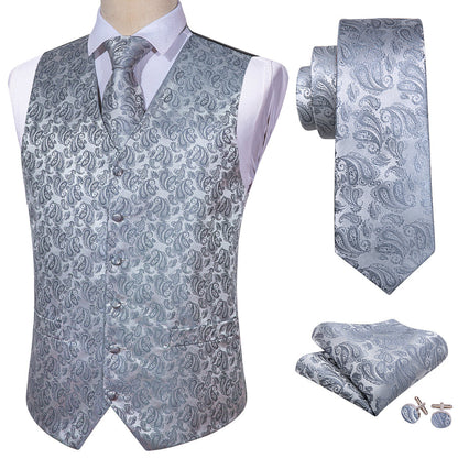 Silver Grey Paisley Jacquard Silk Vest Set vest set    - Sophisticated Gentlemen