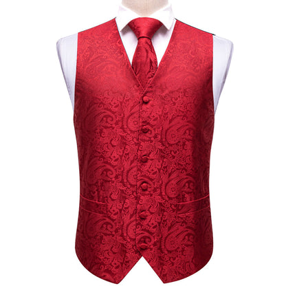Classic Red Paisley Jacquard Silk Vest Set vest set    - Sophisticated Gentlemen