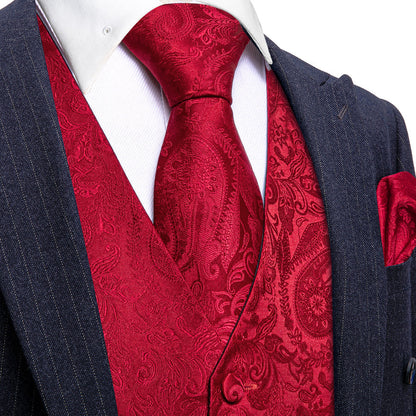 Classic Red Paisley Jacquard Silk Vest Set vest set S (Chest 40")   - Sophisticated Gentlemen