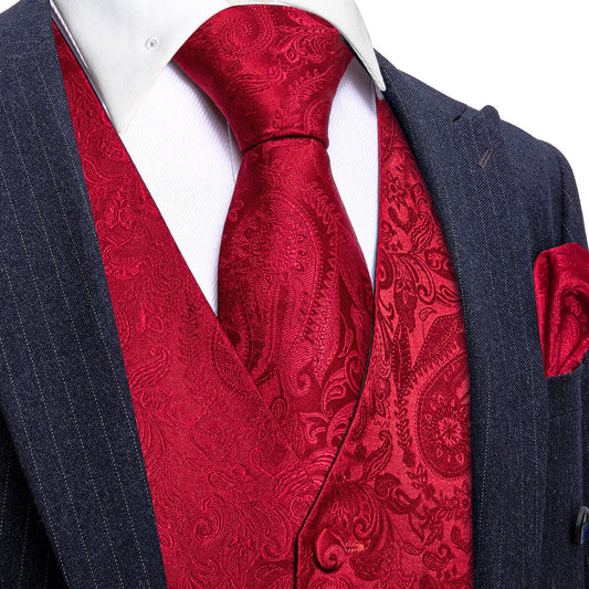 Classic Red Paisley Jacquard Silk Vest Set vest set S (Chest 40")   - Sophisticated Gentlemen