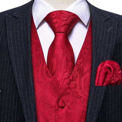 Classic Red Paisley Jacquard Silk Vest Set vest set    - Sophisticated Gentlemen