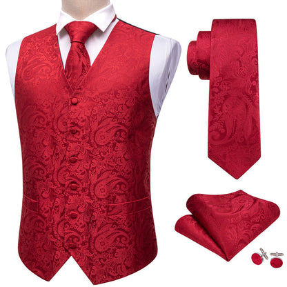Classic Red Paisley Jacquard Silk Vest Set vest set    - Sophisticated Gentlemen