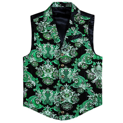 Black Mint Green Floral Jacquard Men's Collar Victorian Suit Vest Set vest set    - Sophisticated Gentlemen