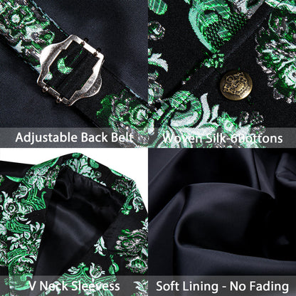 Black Mint Green Floral Jacquard Men's Collar Victorian Suit Vest Set vest set    - Sophisticated Gentlemen