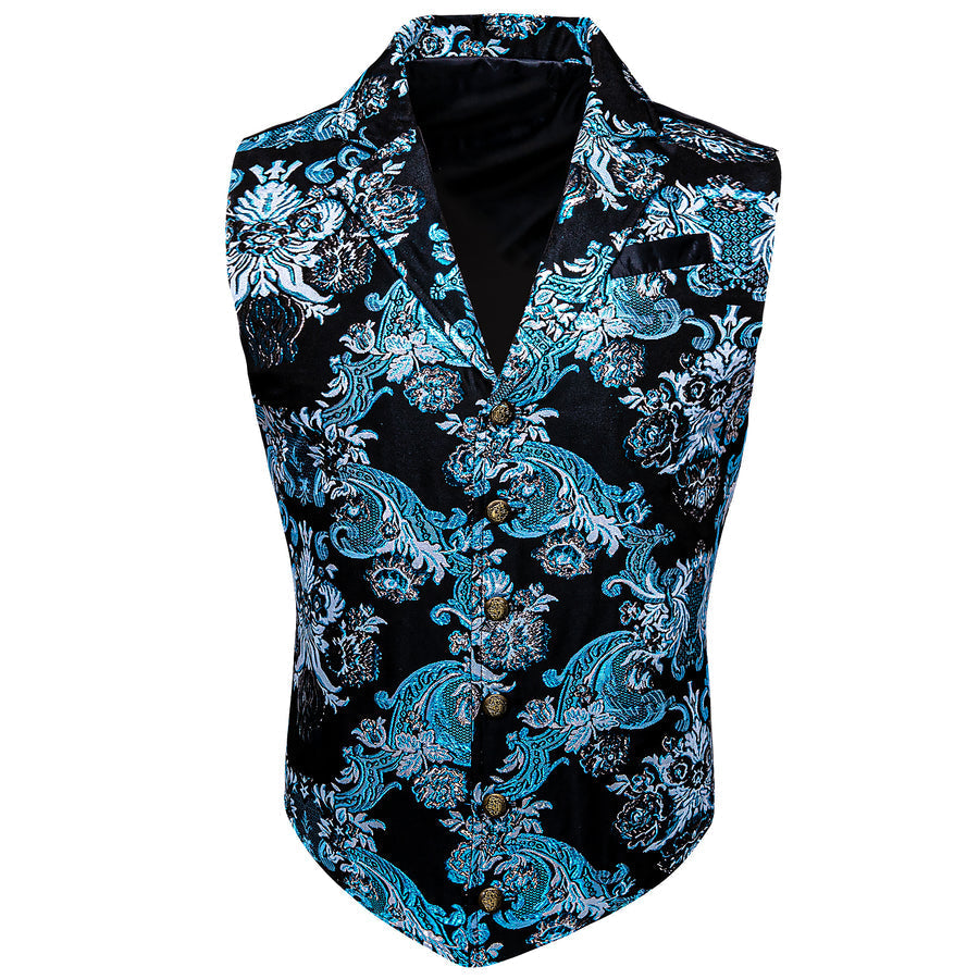 Notched Collar Black Sky Blue Floral Jacquard Men's Victorian Suit Vest Set vest set S (Chest 40")   - Sophisticated Gentlemen