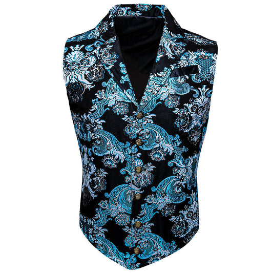 Notched Collar Black Sky Blue Floral Jacquard Men's Victorian Suit Vest Set vest set S (Chest 40")   - Sophisticated Gentlemen