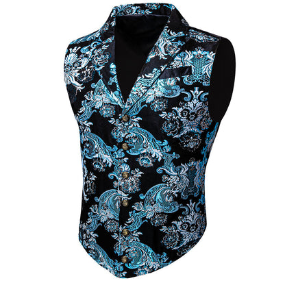 Notched Collar Black Sky Blue Floral Jacquard Men's Victorian Suit Vest Set vest set    - Sophisticated Gentlemen