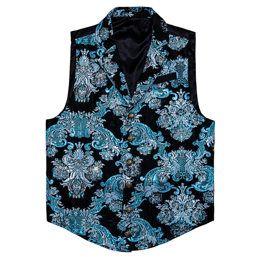 Notched Collar Black Sky Blue Floral Jacquard Men's Victorian Suit Vest Set vest set    - Sophisticated Gentlemen