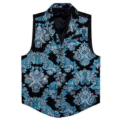 Notched Collar Black Sky Blue Floral Jacquard Men's Victorian Suit Vest Set vest set    - Sophisticated Gentlemen