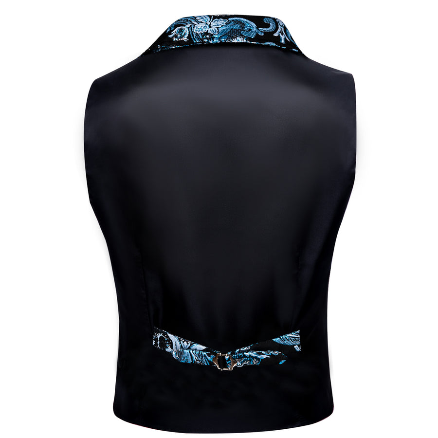 Notched Collar Black Sky Blue Floral Jacquard Men's Victorian Suit Vest Set vest set    - Sophisticated Gentlemen