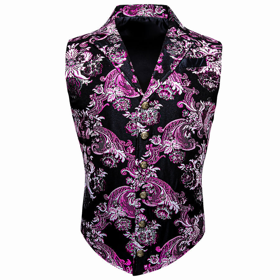 Black Pink Floral Jacquard Men's Collar Victorian Suit Vest Set vest set S (Chest 40")   - Sophisticated Gentlemen