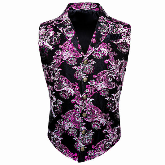 Black Pink Floral Jacquard Men's Collar Victorian Suit Vest Set vest set S (Chest 40")   - Sophisticated Gentlemen