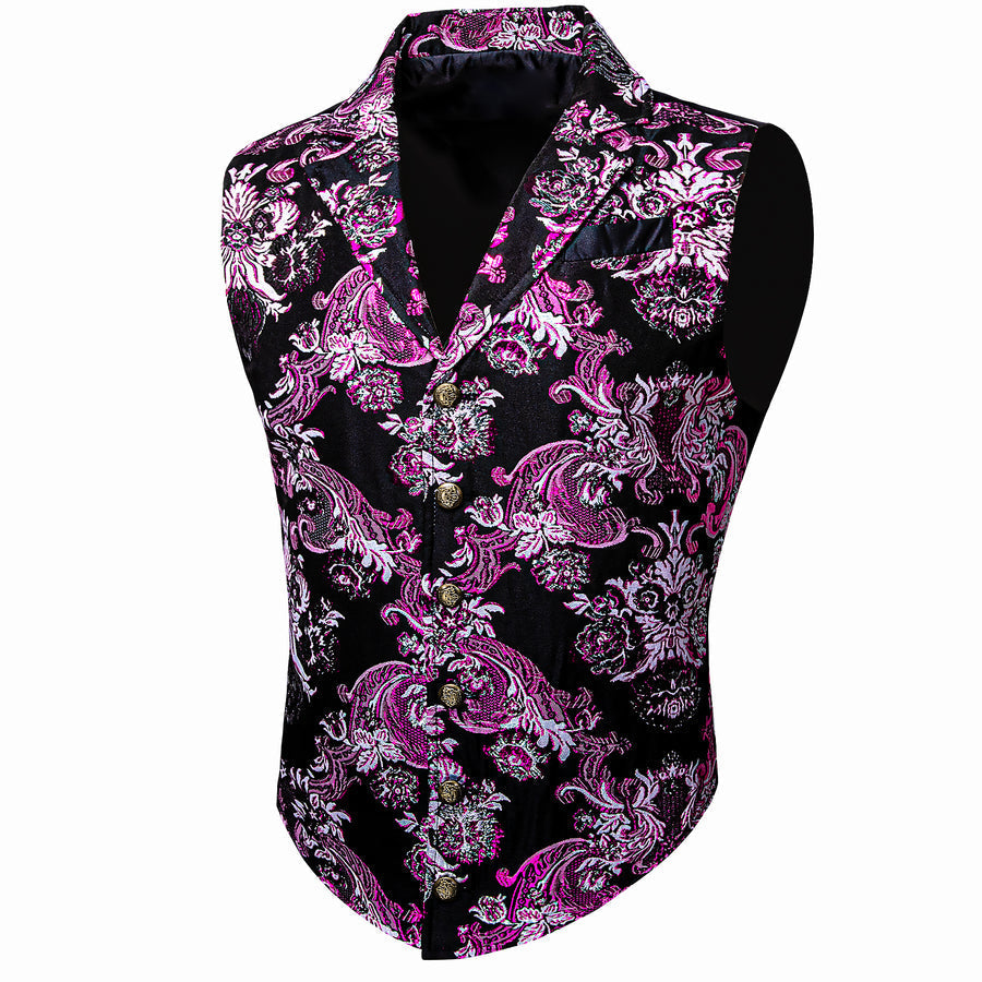 Black Pink Floral Jacquard Men's Collar Victorian Suit Vest Set vest set    - Sophisticated Gentlemen