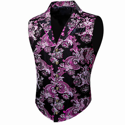 Black Pink Floral Jacquard Men's Collar Victorian Suit Vest Set vest set    - Sophisticated Gentlemen