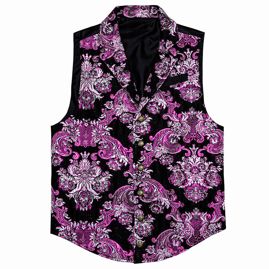 Black Pink Floral Jacquard Men's Collar Victorian Suit Vest Set vest set    - Sophisticated Gentlemen