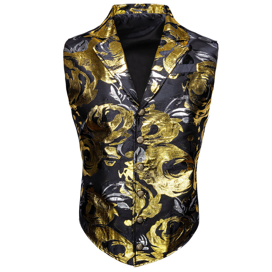 Black Golden Novelty Jacquard Men's Collar Victorian Vest Set vest set S (Chest 40")   - Sophisticated Gentlemen