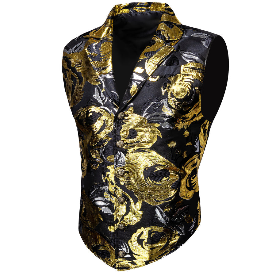 Black Golden Novelty Jacquard Men's Collar Victorian Vest Set vest set    - Sophisticated Gentlemen