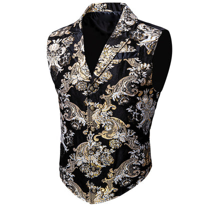 Black Champagne Floral Jacquard Men's Collar Victorian Suit Vest Set vest set    - Sophisticated Gentlemen