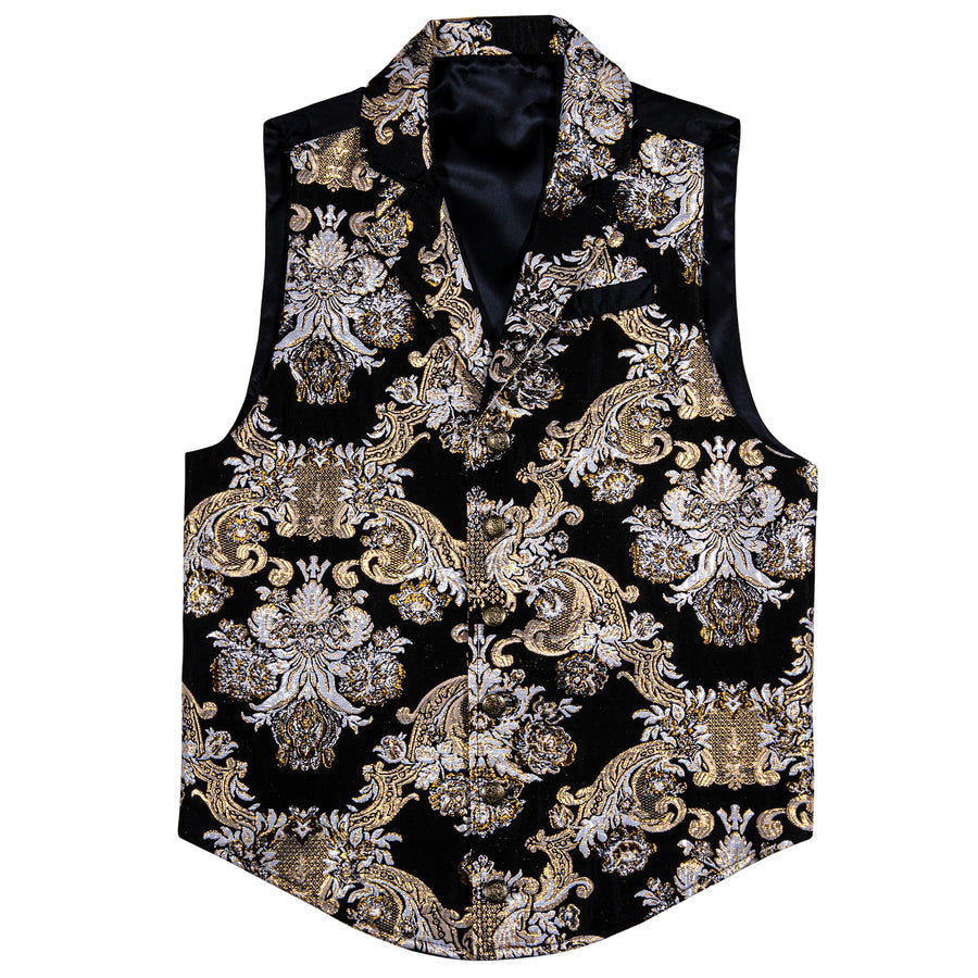 Black Champagne Floral Jacquard Men's Collar Victorian Suit Vest Set vest set    - Sophisticated Gentlemen