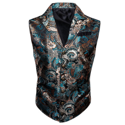 Grey Blue Novelty Jacquard Men's Collar Victorian Vest Set vest set    - Sophisticated Gentlemen