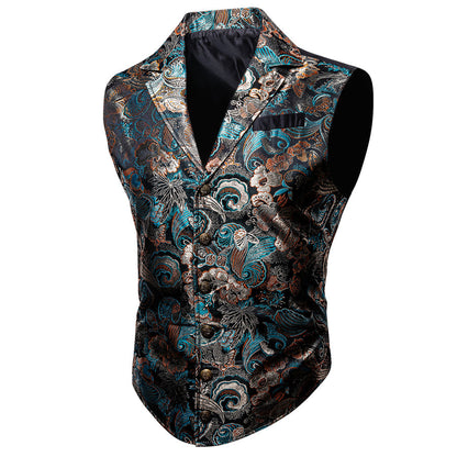 Grey Blue Novelty Jacquard Men's Collar Victorian Vest Set vest set S (Chest 40")   - Sophisticated Gentlemen