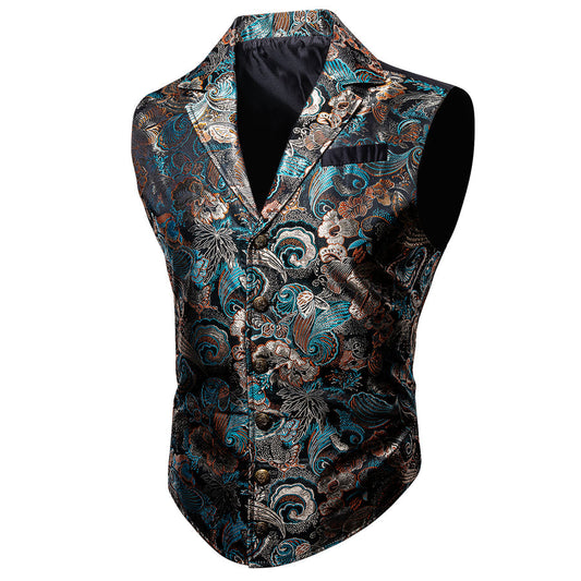 Grey Blue Novelty Jacquard Men's Collar Victorian Vest Set vest set S (Chest 40")   - Sophisticated Gentlemen
