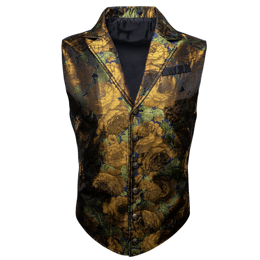 Golden Green Floral Jacquard Men's Collar Victorian Vest Set vest set    - Sophisticated Gentlemen
