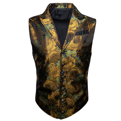 Golden Green Floral Jacquard Men's Collar Victorian Vest Set vest set    - Sophisticated Gentlemen