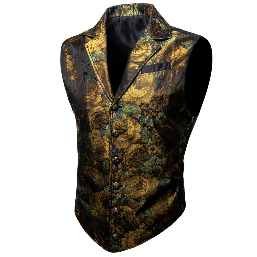 Golden Green Floral Jacquard Men's Collar Victorian Vest Set vest set S (Chest 40")   - Sophisticated Gentlemen