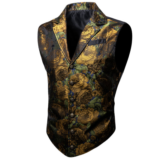 Golden Green Floral Jacquard Men's Collar Victorian Vest Set vest set S (Chest 40")   - Sophisticated Gentlemen