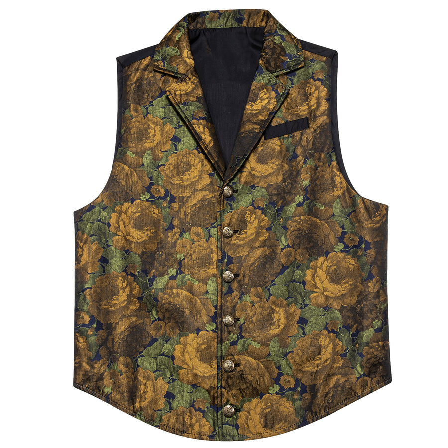 Golden Green Floral Jacquard Men's Collar Victorian Vest Set vest set    - Sophisticated Gentlemen