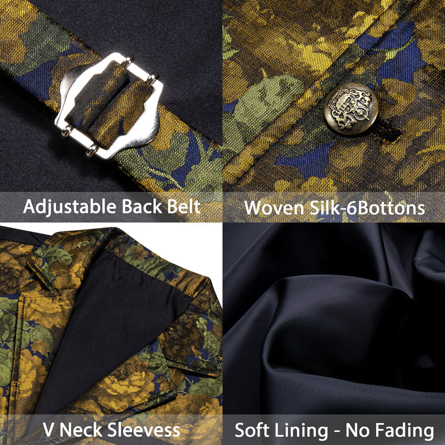 Golden Green Floral Jacquard Men's Collar Victorian Vest Set vest set    - Sophisticated Gentlemen