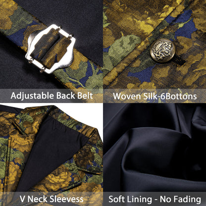 Golden Green Floral Jacquard Men's Collar Victorian Vest Set vest set    - Sophisticated Gentlemen