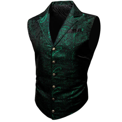 Black Green Paisley Jacquard Vest Set vest set S (Chest 40")   - Sophisticated Gentlemen