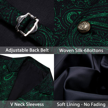Black Green Paisley Jacquard Vest Set vest set    - Sophisticated Gentlemen