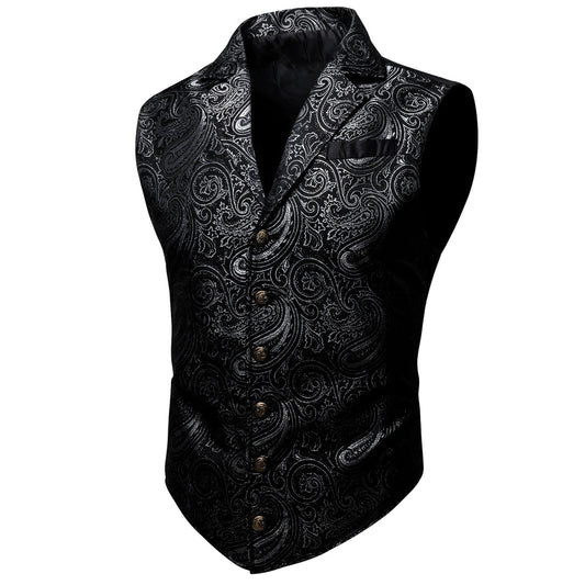 Black White Paisley Jacquard Vest Set vest set S (Chest 40")   - Sophisticated Gentlemen