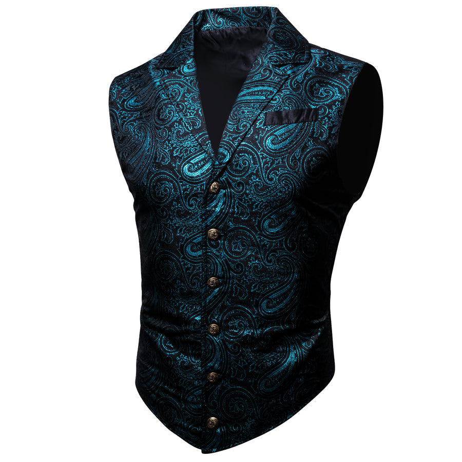 Blue Green Paisley Jacquard Men's Collar Victorian Suit Vest Set vest set S (Chest 40")   - Sophisticated Gentlemen