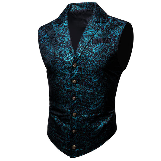 Blue Green Paisley Jacquard Men's Collar Victorian Suit Vest Set vest set S (Chest 40")   - Sophisticated Gentlemen