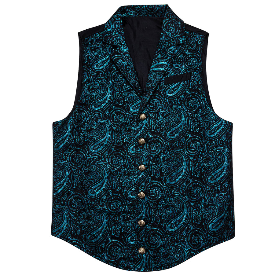 Blue Green Paisley Jacquard Men's Collar Victorian Suit Vest Set vest set    - Sophisticated Gentlemen