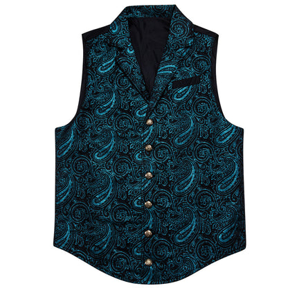 Blue Green Paisley Jacquard Men's Collar Victorian Suit Vest Set vest set    - Sophisticated Gentlemen