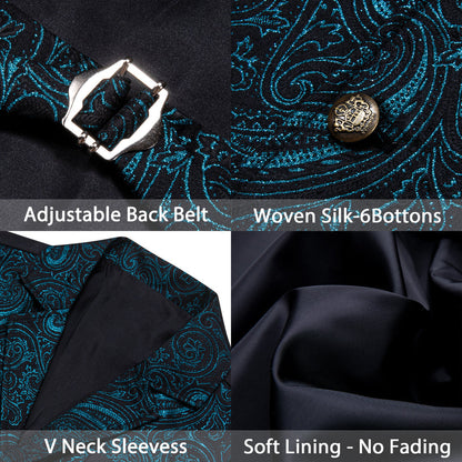 Blue Green Paisley Jacquard Men's Collar Victorian Suit Vest Set vest set    - Sophisticated Gentlemen