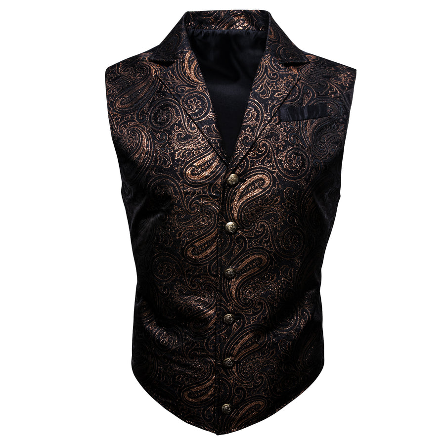 Black Brown Paisley Jacquard Men's Collar Victorian Suit Vest Set vest set    - Sophisticated Gentlemen
