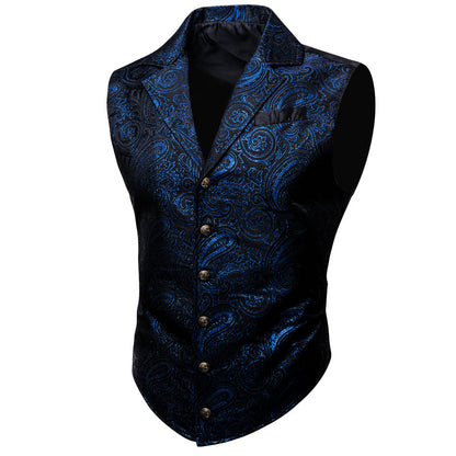 Black and Royal Blue Paisley Jacquard Vest vest set S (Chest 40")   - Sophisticated Gentlemen