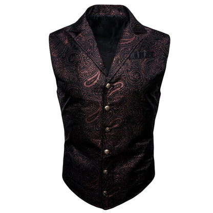 Black Red Paisley Jacquard Men's Collar Victorian Vest Set vest set    - Sophisticated Gentlemen